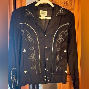 Vintage “California Ranchwear” jacket, black w/white embroidery, pearl snaps